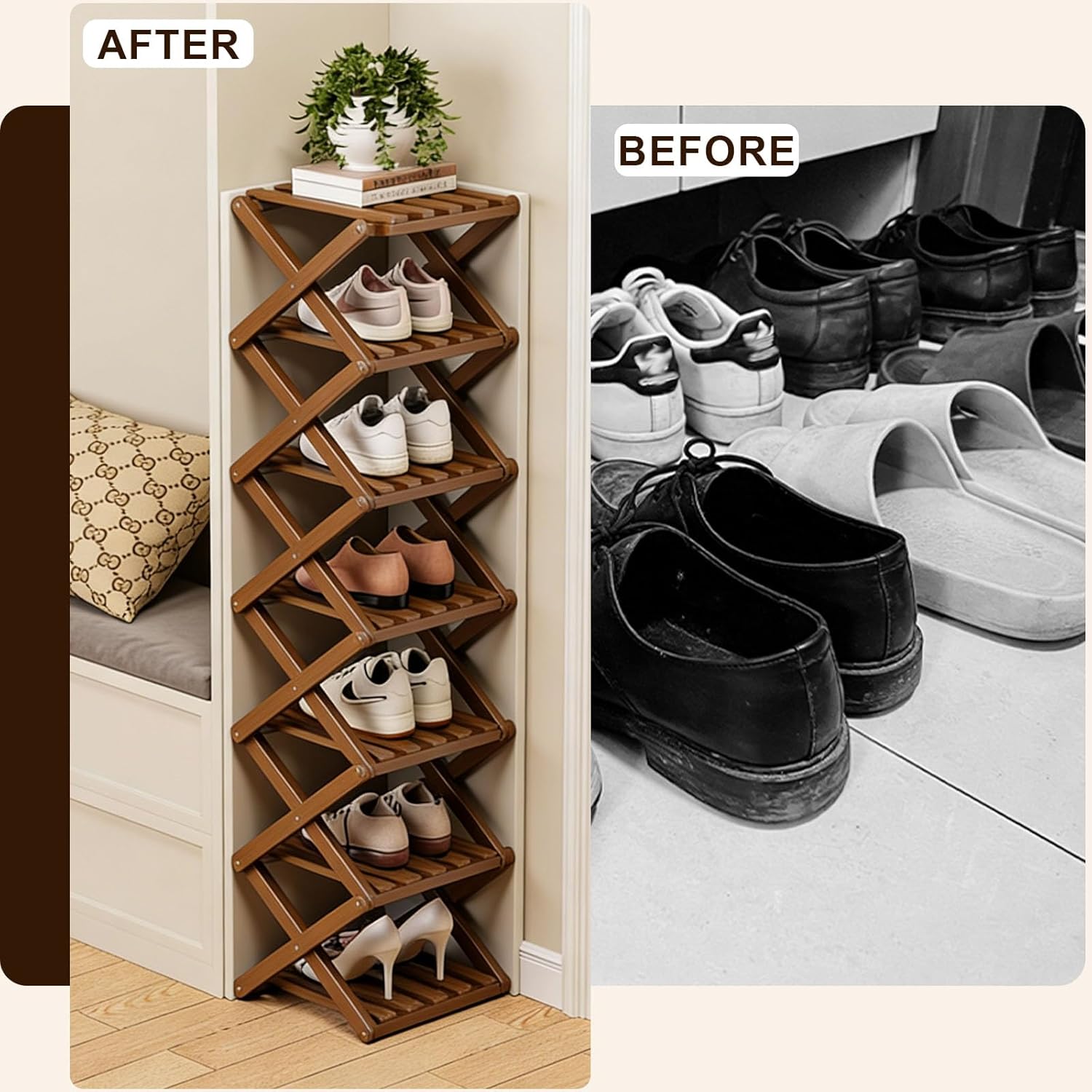 No Assembly Bamboo Shoe Rack, Vertical Wooden Shoe Organizer for Entryway, Multifunctional Space Saving Foldable Storage Shelf with 2-10 Tiers (Wood, 7-Tier)