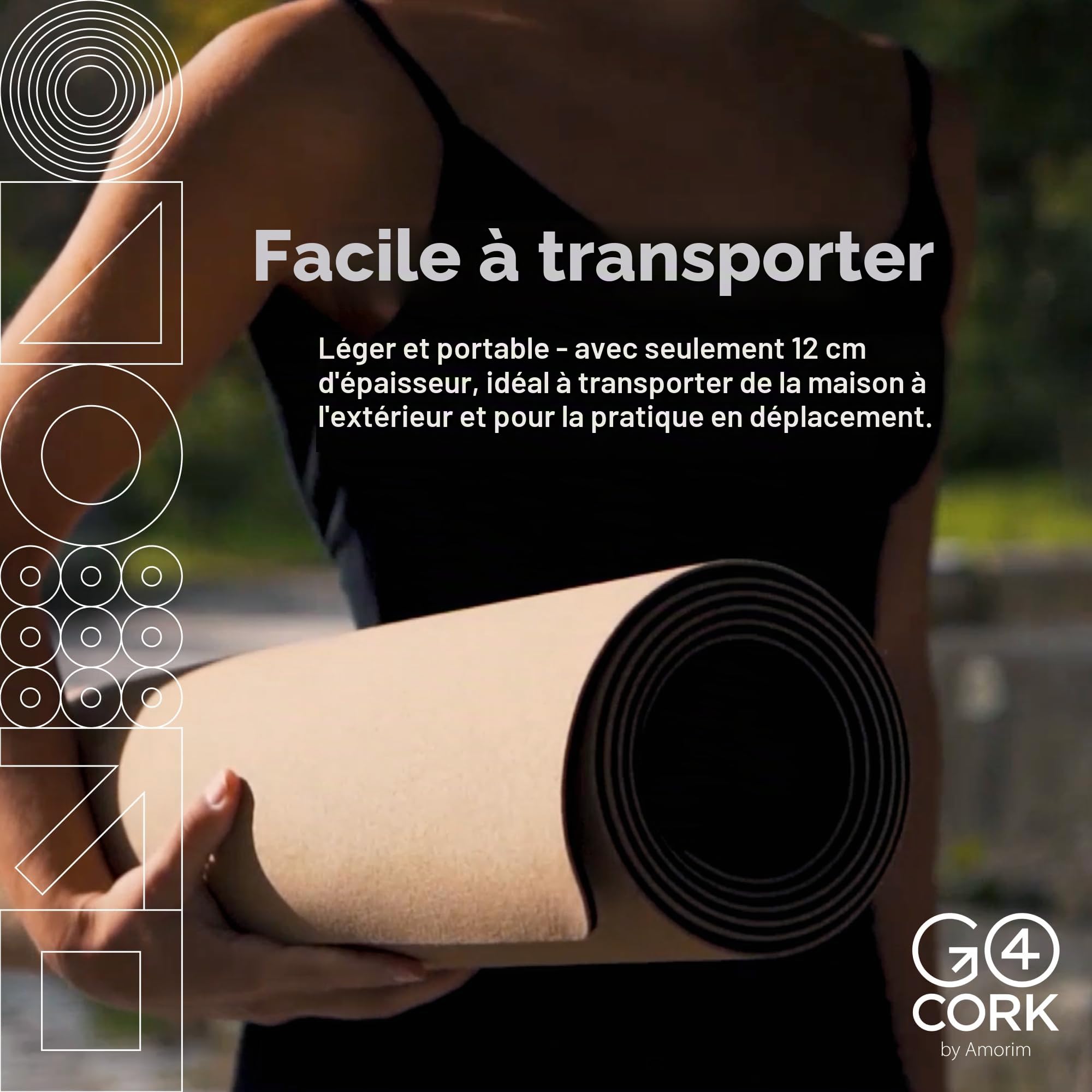 Go4Cork Tapis de Yoga Liège Antidérapant, Naturel/Noir, 195 x 65 x 0,4 cm | Grand & Écologique, Léger & Compact, pour le Sport à Domicile, Fitness, Pilates & Étirements