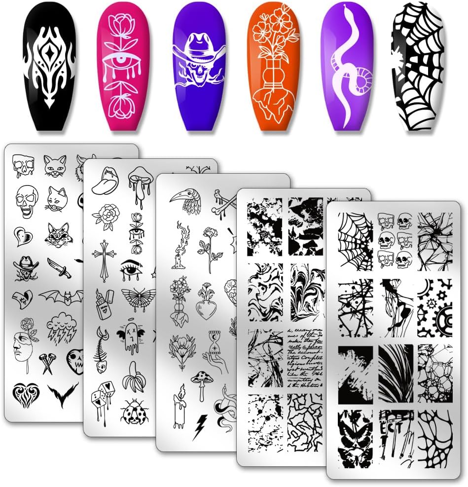 PH PandaHall 5 stuks nagelstempel, schedel spin nagel stempelen plaat punk stijl enge nail art stencils print nagel stencils roestvrij staal nagel afbeelding platen voor nail art ontwerp print