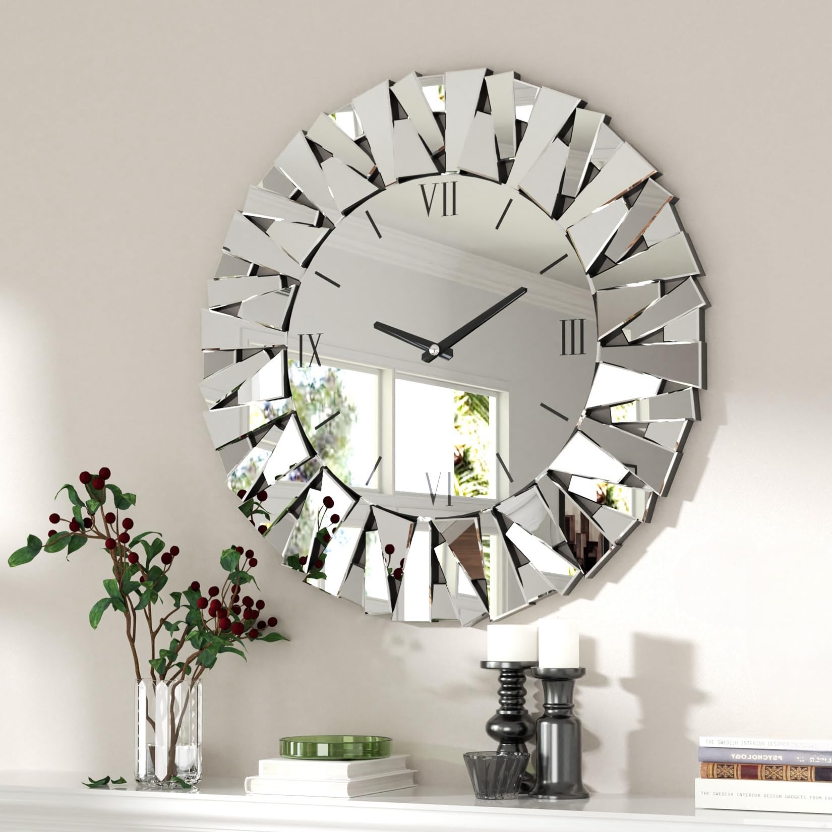 Round Wall Mirrored with Clock : Decor Mirror Wall Clock 80 x 80cm Round Beveled Glass Edge Wall Mirror with Clock for Modern Home Interiors, Bedroom, Living Room