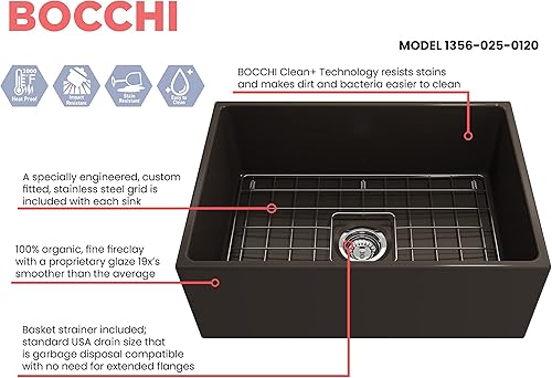 Miniatura 3 de BOCCHI Contempo Farmhouse Delantal de arcilla refractaria delantera de 27 pulgadas. Fregadero de cocina de un solo tazón con rejilla inferior