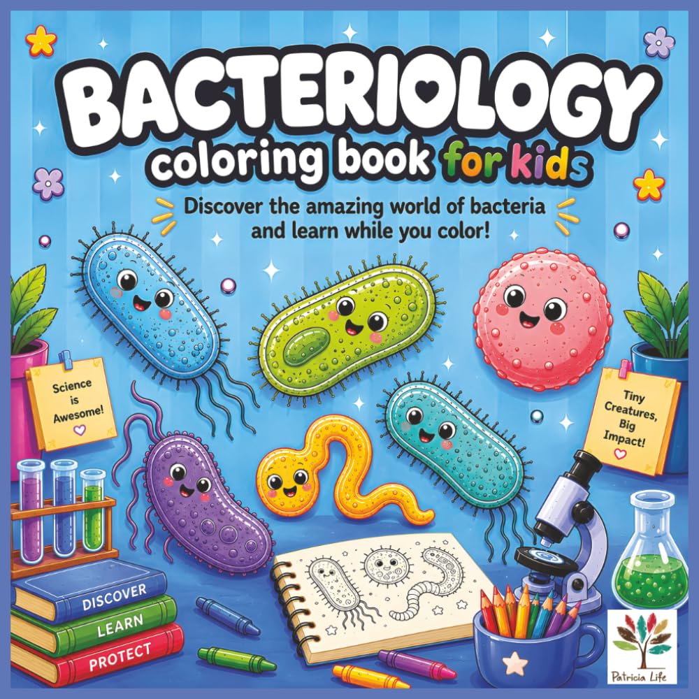 BACTERIOLOGY Coloring Book for KIDS: Cute Bacteria, Germs and Microbes to Color. A Fun Science, Microbiology and STEM Learning Activity Book for Kids