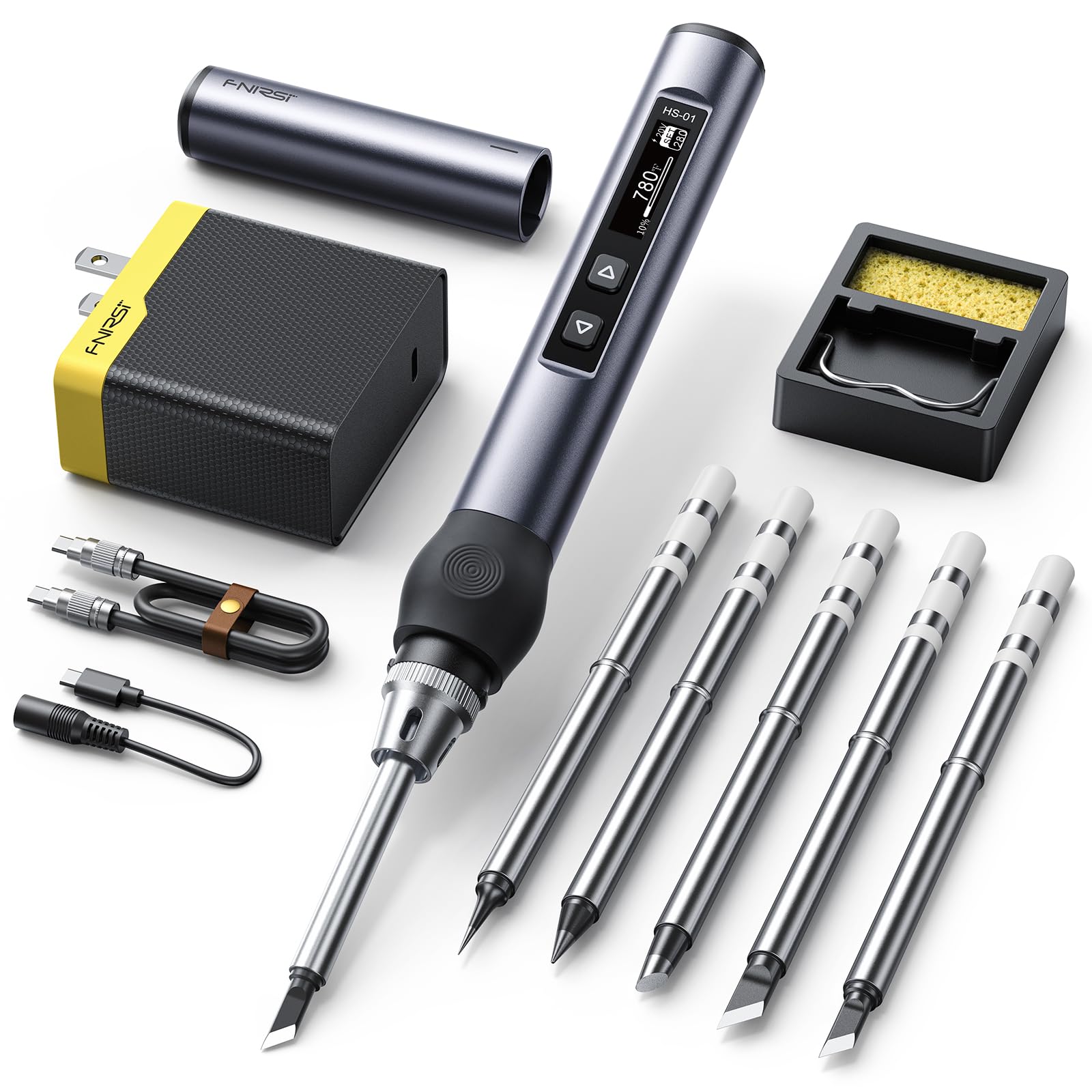 FNIRSI - Kit de soldador, DC/PD (96 W/65 W) Mini soldador digital, calentamiento rápido de 180-100 °F, 6 puntas de soldadura, visualización OLED digital, apagado automático (con adaptador de