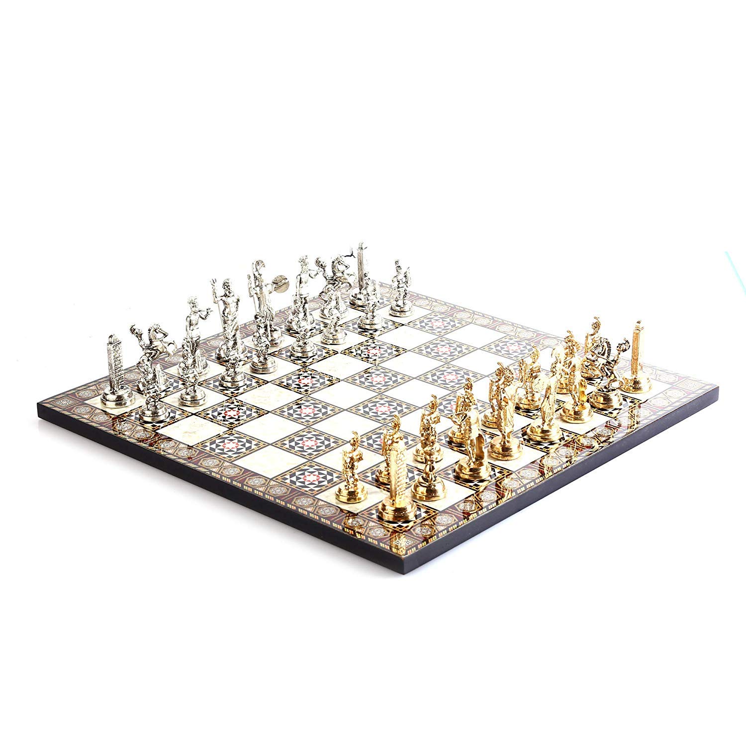 GiftHome Historische römische Figuren aus Metall Schachset für Erwachsene, handgefertigte coole Stücke und Perlmutt gemustertes Holz Schachbrett König 7,1 cm