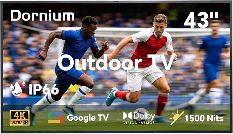 TV inteligente para exteriores de 43 pulgadas, brillo de 1500 nits | Google TV inteligente 4K UHD, TV para exteriores resistente al agua IP66 con pantalla antirreflejos y control remoto por voz para sol parcial (exteriores e interiores)