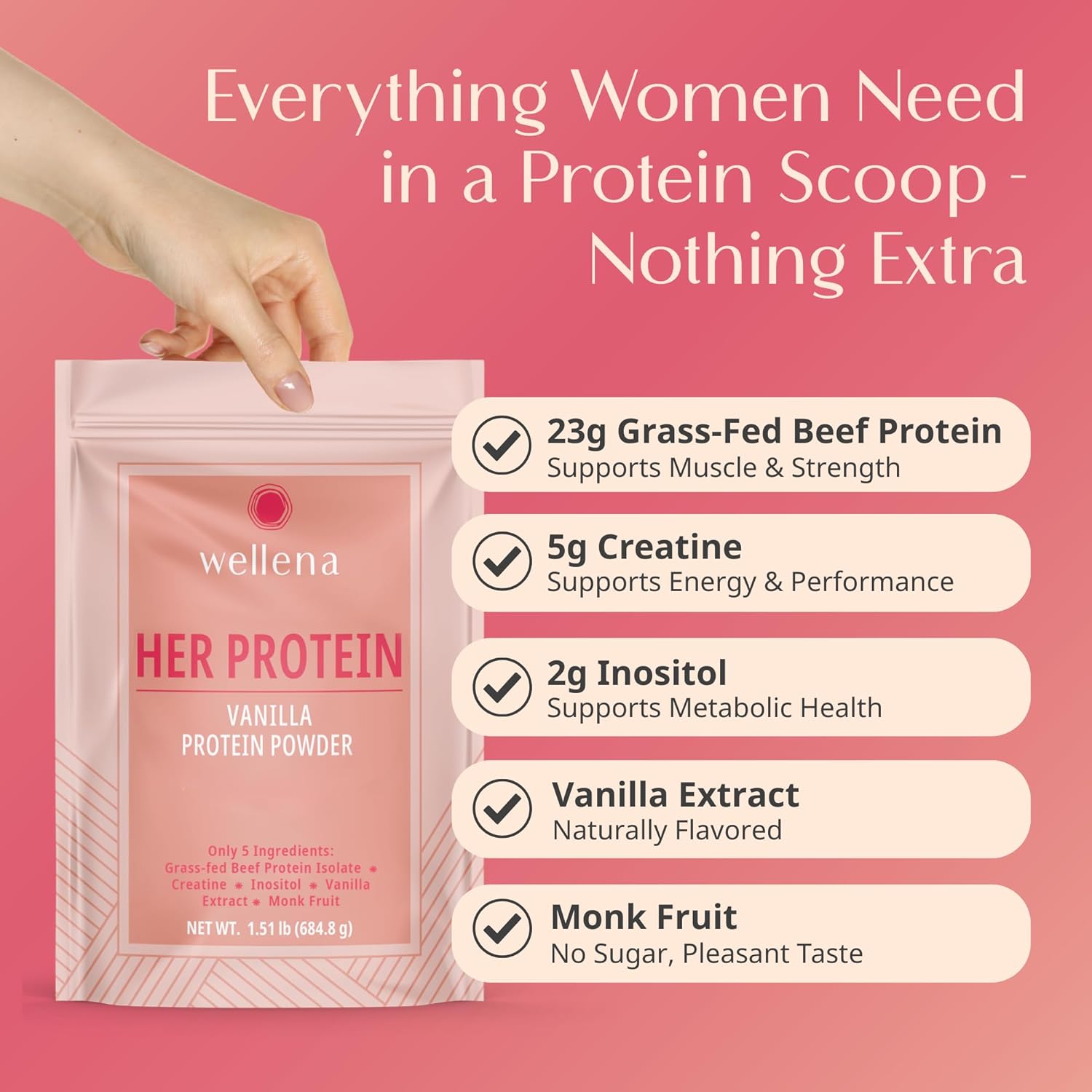 Wellena Her Protein – 3-in-1 Whey-Free Beef Isolate Formula with Creatine & Inositol – Grass-Fed Protein Powder – Dairy & Pea Free – Women’s Daily Nutrition