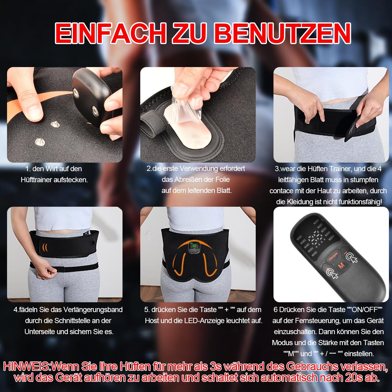 ABS-Stimulator-Former, intelligent, umwickelter tragbarer Gürtel, intelligente Körperformungsmaschine, EMS, kabelloses Fitnessgerät für Männer und Frauen (Schwarz)