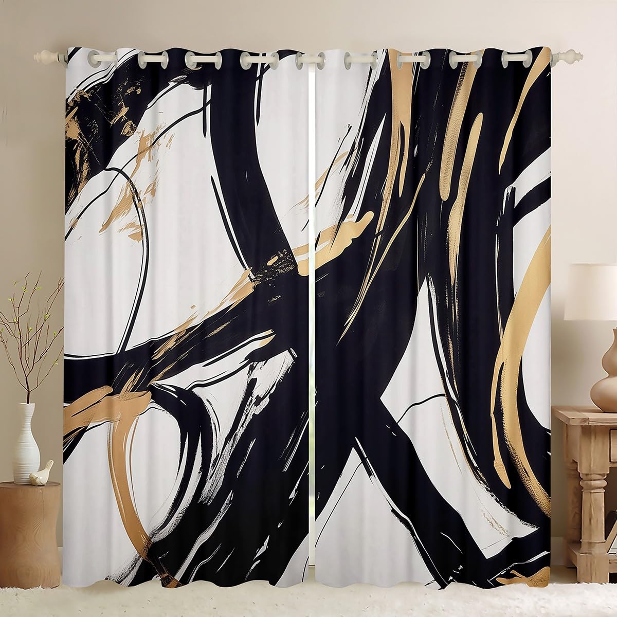 Feelyou Black Gold Abstract Art Line Window Curtains for Bedroom Living Room Modern Geometric Print Curtains Minimalist Ink Line Window Drapes