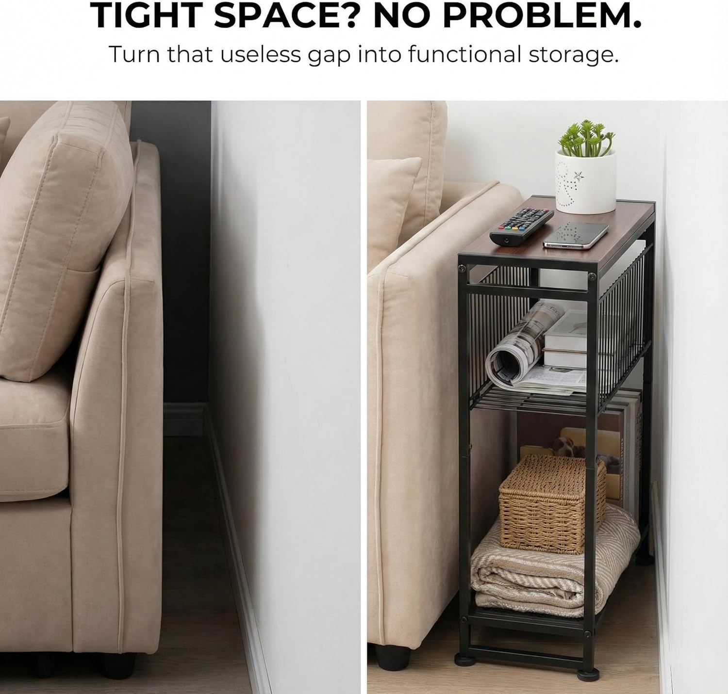 Dulcii Small Side Table for Small Spaces - Slim End Table with Magazine Holder - 2 in 1 Design Narrow End Table Living Room - Skinny Bedside Table Nightstand Bedroom Thin Side Table, Cherry