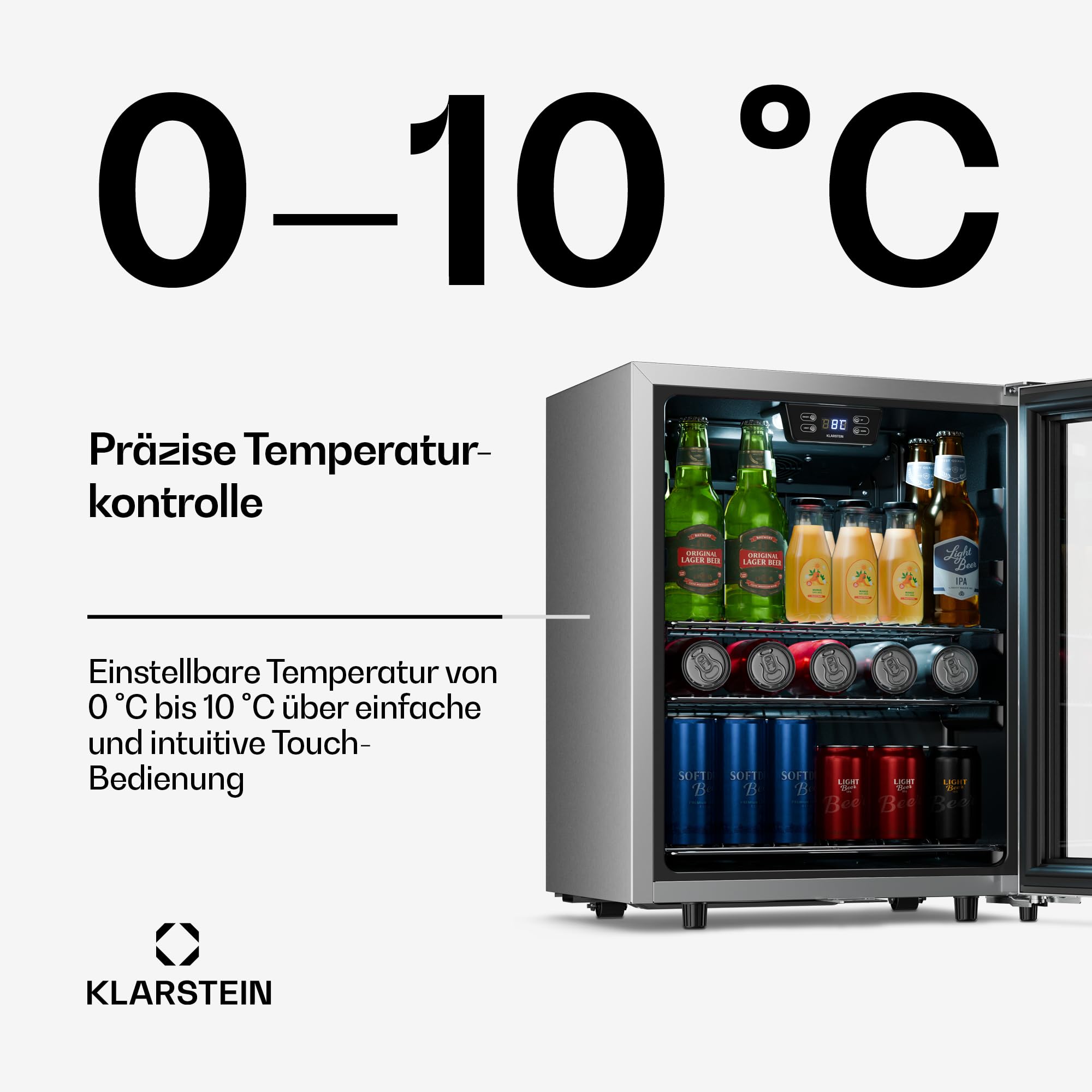 Klarstein LuxeChill Getränkekühlschrank 60 L Glastür 0–10 °C Touch-Bedienfeld LED-Beleuchtung IPX4