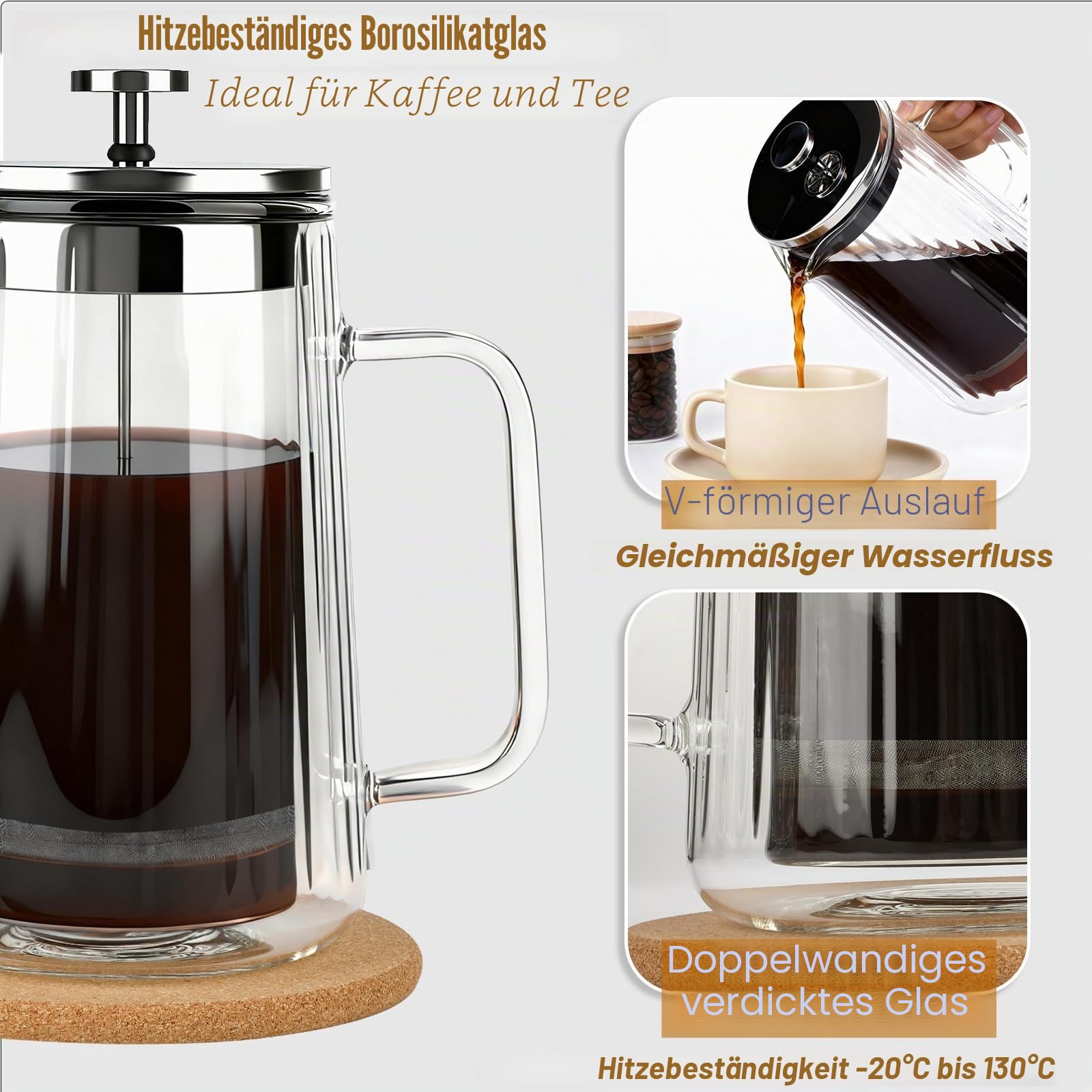 Kaffeemaschine Glas French Press 1 Liter, Doppelwandige Design, Hitzebeständig Kaffeepresse mit 4-stufiger Filtration für Kaffee auch für Tee-1000 ml