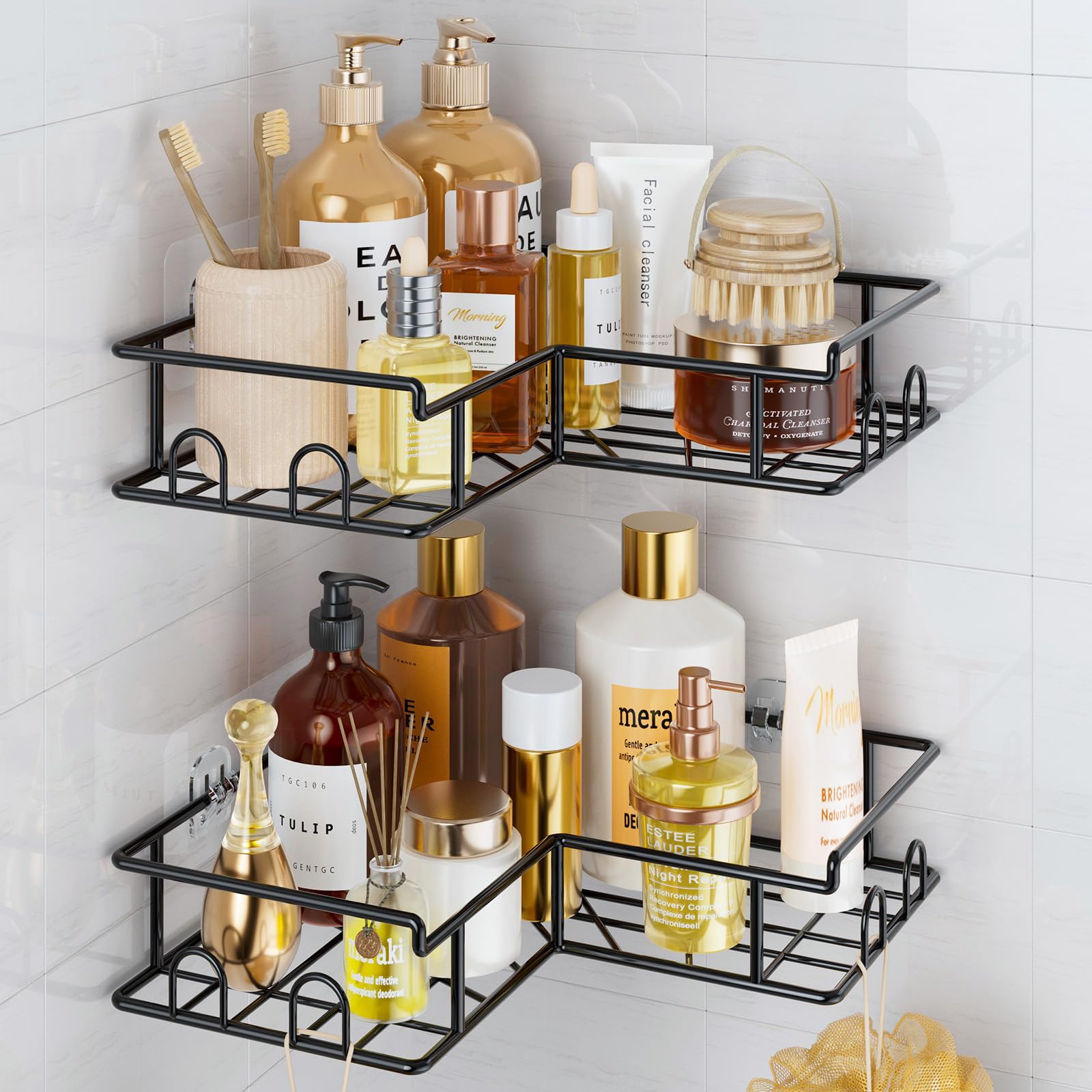 Mensola Doccia Senza Fori - Organizer Bagno Multifunzione Con Ganci - Portaoggetti Ad Asciugatura Rapida In ABS Nero