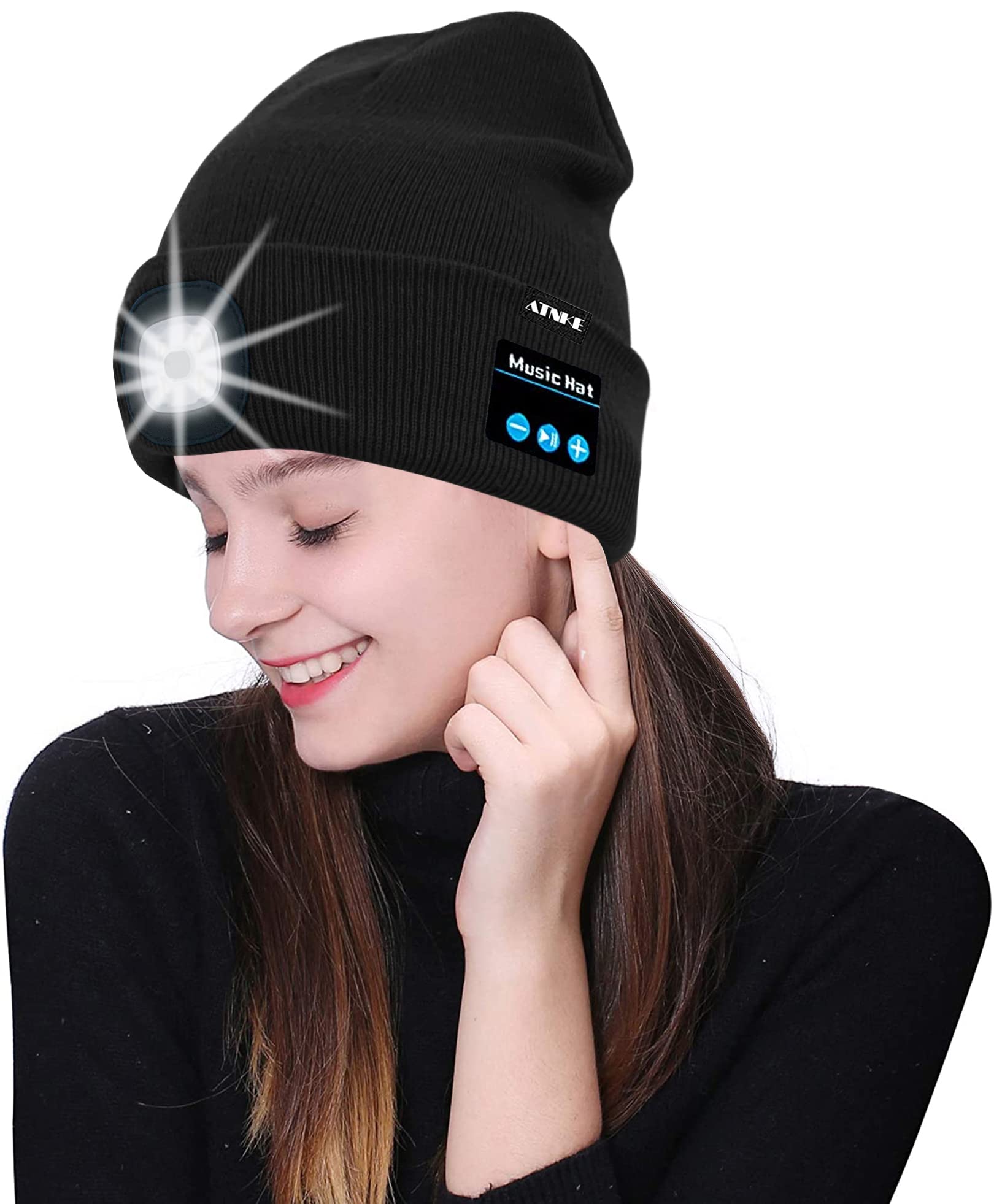 ATNKE Berretto Bluetooth con LED Illuminato, USB Ricaricabile Wireless Musicale Cappello Corsa Ultra Bright 4 LED Impermeabile Lampada per Sci Escursionismo Campeggio Ciclismo