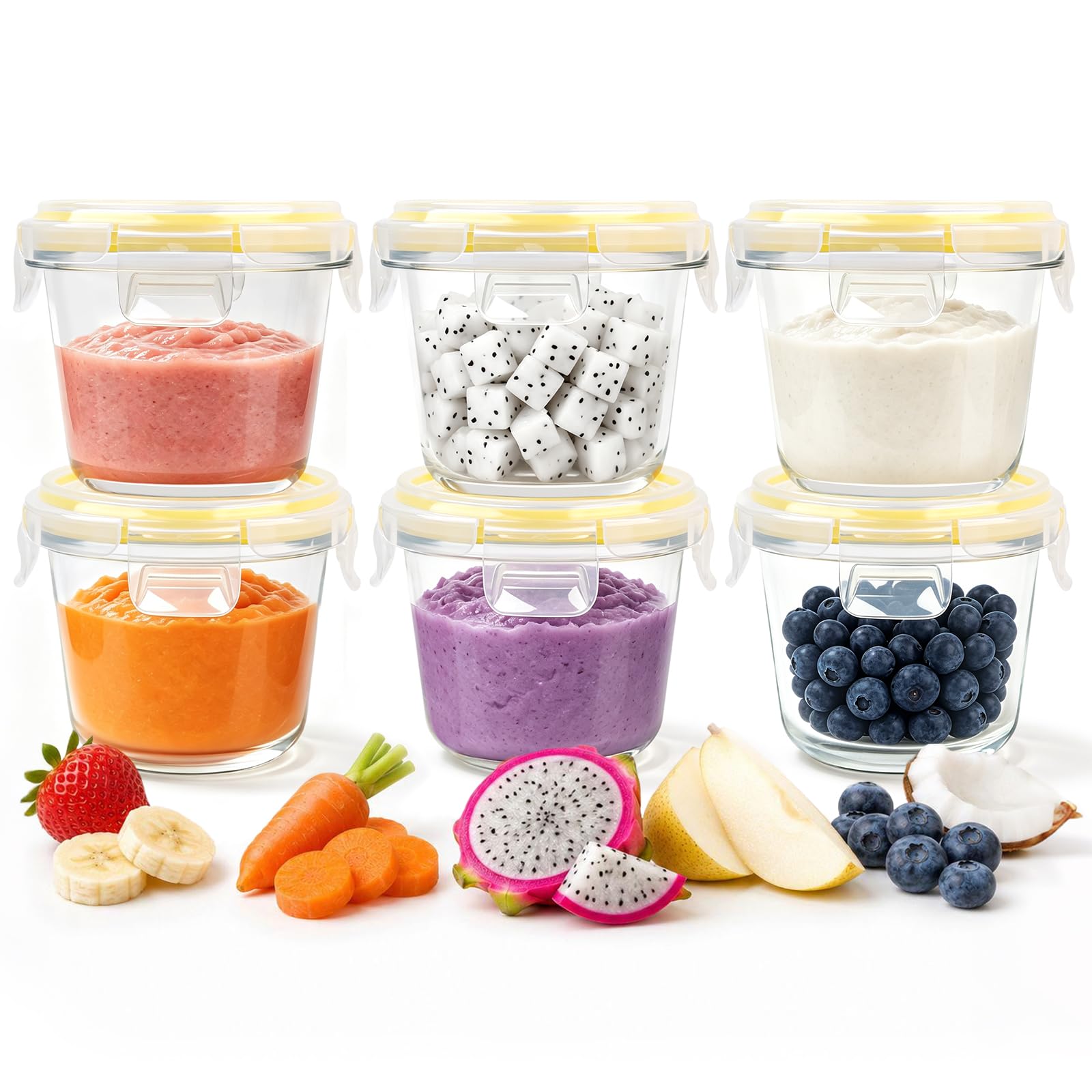8oz Baby Food Storage Containers 6-Pack Glass Baby Food Jars Stackable Leakproof & Airtight with Lids Freezer Microwave Dishwasher Safe BPA-Free Ideal for Fruit Purees and Vegetable Blends
