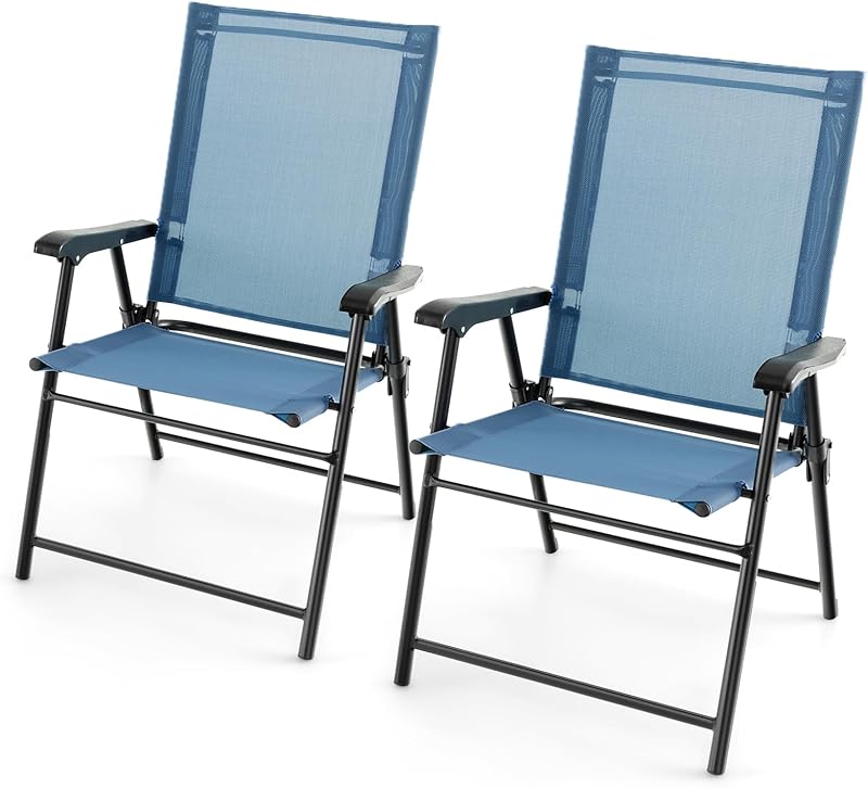 GOPLUS Lot de 2 Chaises de Jardin Exterieur Pliante avec Accoudoirs, Tissu Respirant & Cadre Métallique, Fauteuil de Jardin Léger et Portatives, Idéal pour Patio, Terrasse (2, Bleu, 65 x 60 x 93 cm)