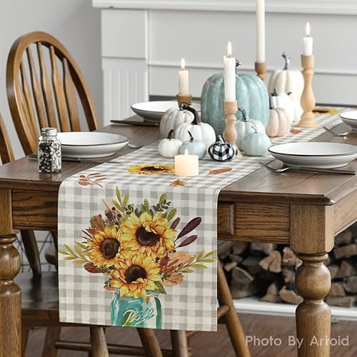 Miniatura 3 de Artoid Mode Camino de mesa de otoño con diseño de girasoles a cuadros de búfalo, decoración de mesa de comedor de cocina de otoño para decoración de