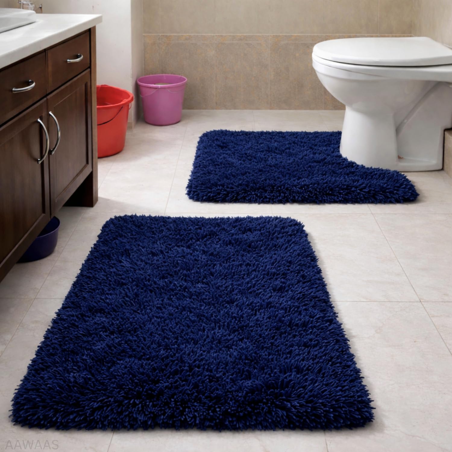 Xenluxe Premium Microfiber Bath Rug Set – –2-Piece Ultra-Soft, Plush, Highly Absorbent & Non-Slip – U-Shaped Contour Rug for Toilet. (2 - Blue, Standard)