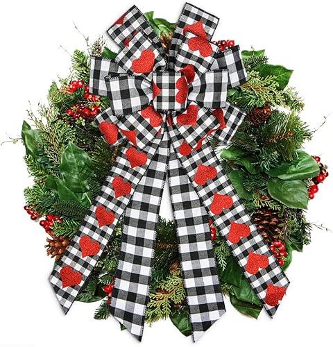 Miniatura 3 de Threetols Arcos grandes para corona del día de San Valentín, lazos de búfalo blanco y negro para puerta delantera, lazos de decoración de corazón