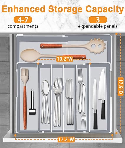 Miniatura 3 de Organizador de cajones de cubiertos para cocina, organizador de cajones ajustable para utensilios, bandeja de cubiertos y cubiertos, almacenamiento