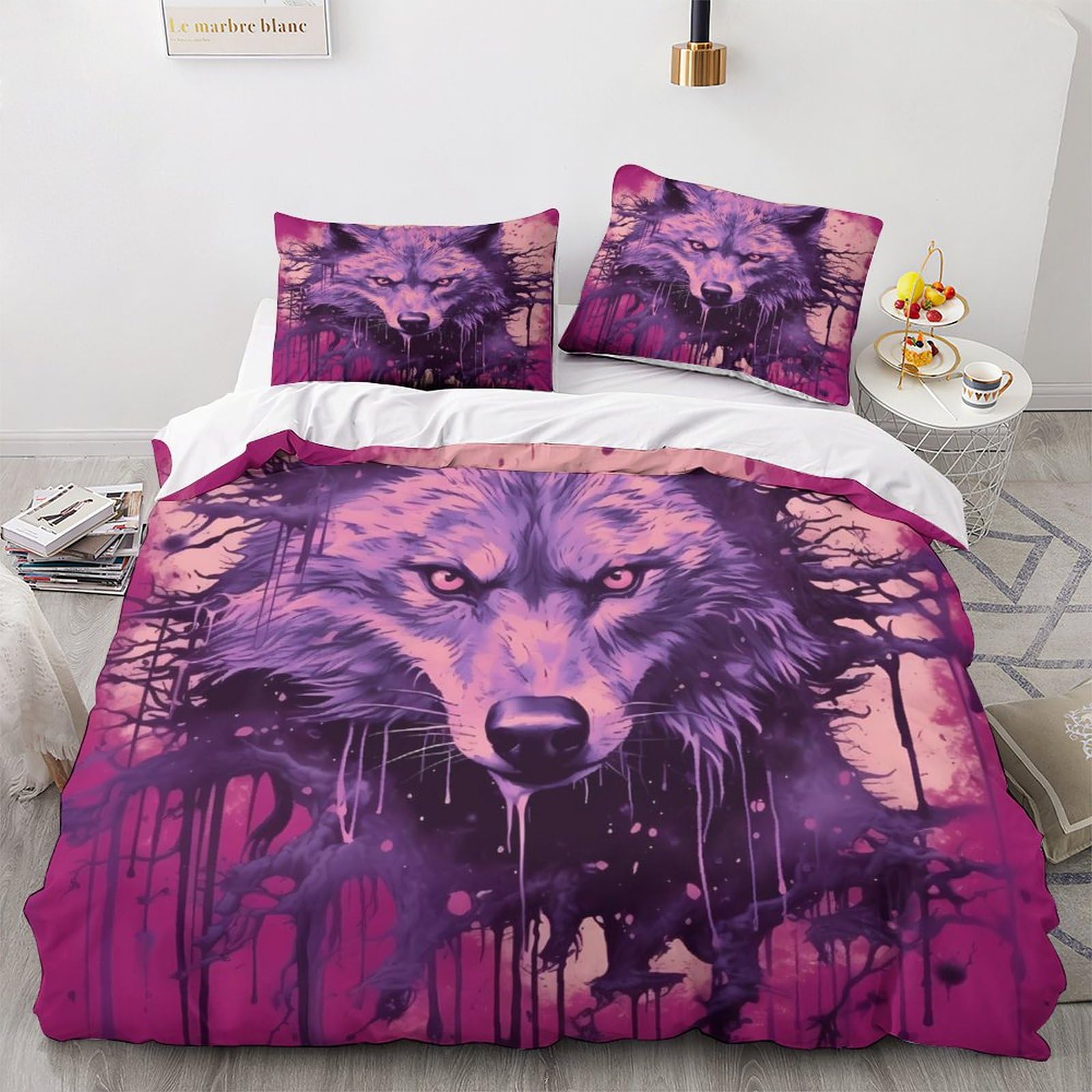 Housse de couette loup anti-plis facile à enfiler avec fermeture éclair 220x240