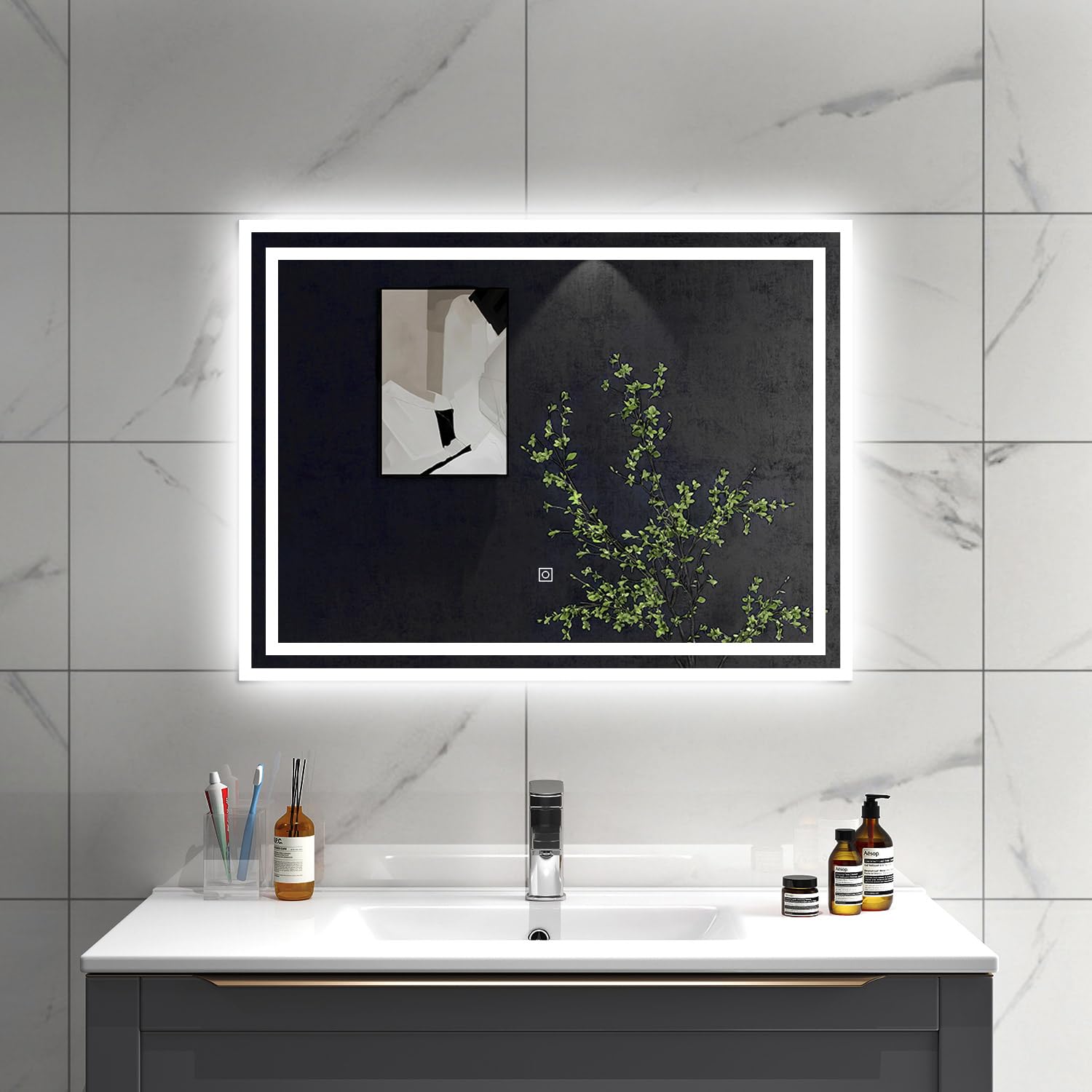 SLINE SANITARY Bathroom Mirror with LED Lights 60x50cm,Wall Mounted Vanity Mirror with Demister Pad,Dimmable 3 Colour Lights,Touch Control & Memory Function,IP44 Rated,Horizontal/Vertical