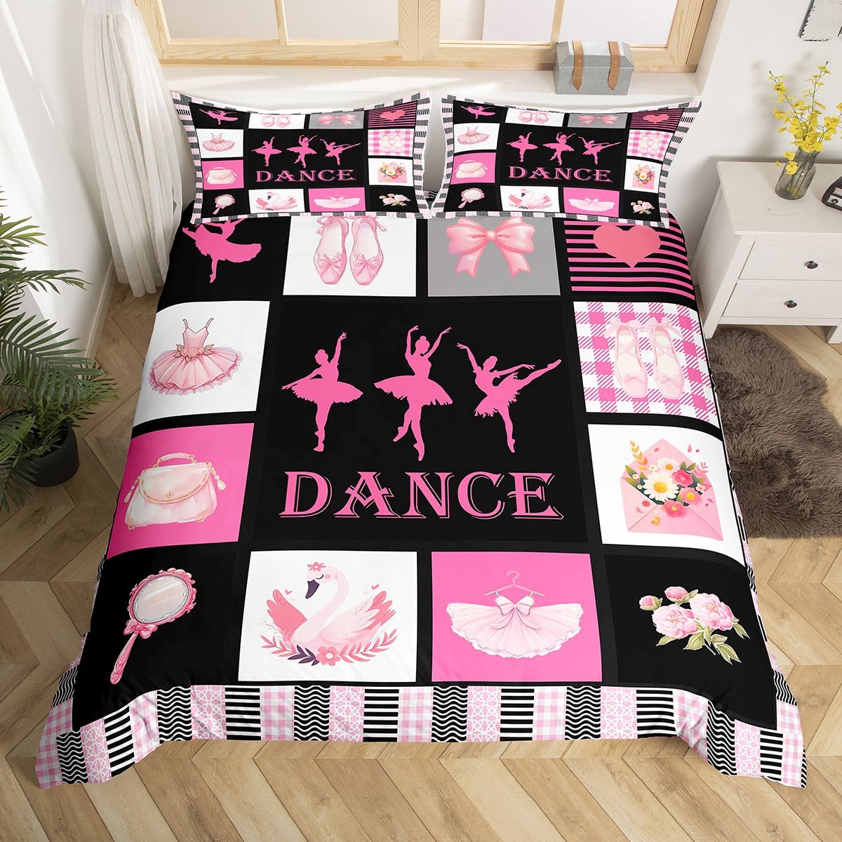 Homewish Czarny Różowy Taniec Motyw Dziewczyny King Zestawy Poszwa Na Kołdrę Balet Buty Tancerz Kokarda Pościel Kokarda Kwiatowa Poszewka Na Kołdrę Kobiety Dorośli Ciepłe Miękkie Pościel Zestaw Łóżek
