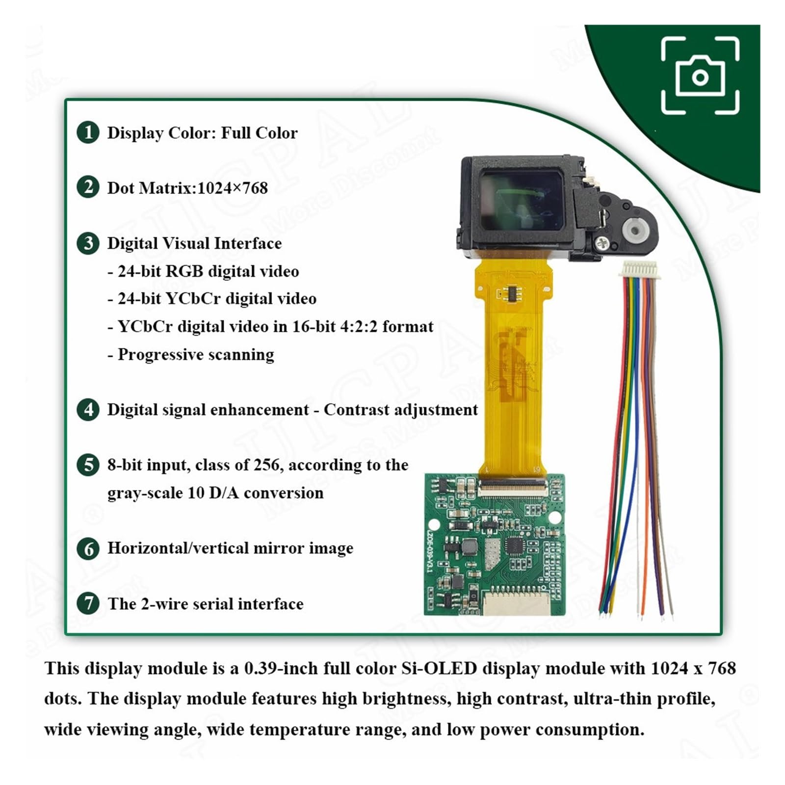 Módulo de imagen térmica Módulo de pantalla de visor de 0,39 pulgadas for gafas AR, binoculares de visión nocturna con imágenes térmicas y ocular 1024*768 AV CVBS 3,5-5 V Inspección electrónica de pro