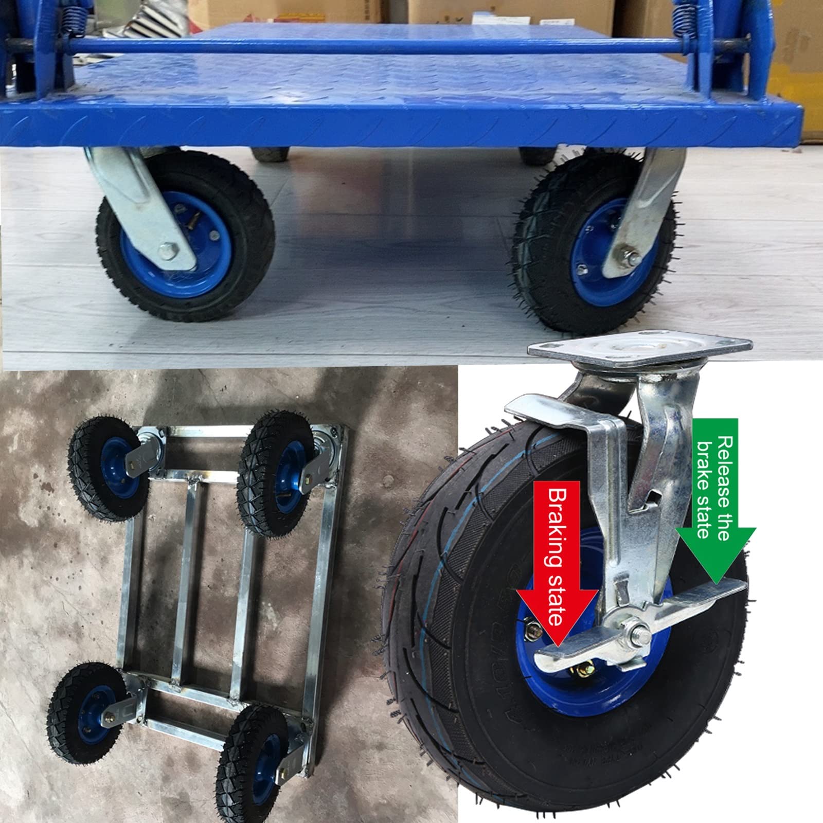 Zestaw 4 kółek obrotowych 20 cm, 25 cm, wytrzymałe, 590 kg, gumowe, z hamulcami bocznymi, przemysłowa, pneumatyczna rura wewnętrzna, stalowa piasta