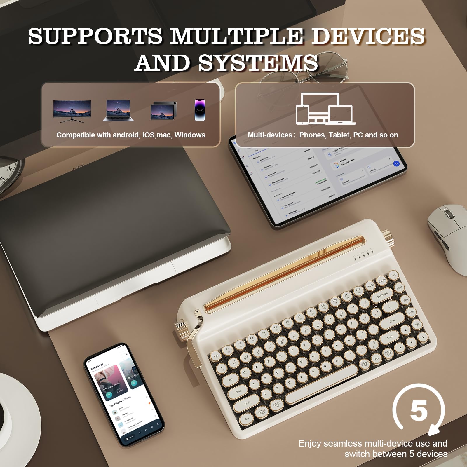 YUNZII QL75 Clavier Mécanique Rétro sans Fil Hot-Swap, Keycaps Rondes Punk, RGB Programmable QMK/Via, Tri-Mode (2.4GHz/BT5.0/USB-C), Multi-Appareils (Blanc, Cocoa Cream V2 Linear)