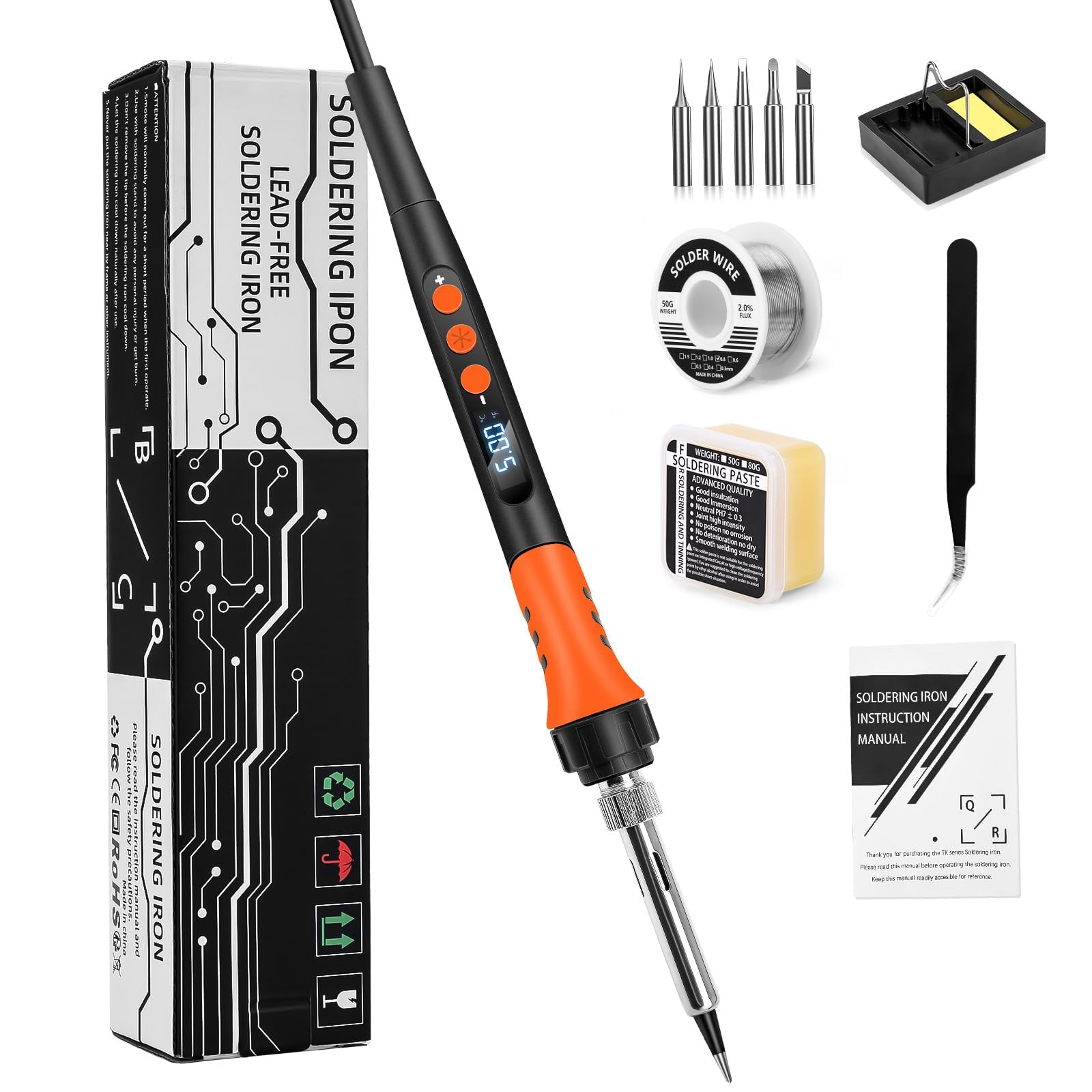 KKMOL90W LED Soldering Iron Kit, Pencil Style, Ceramic Heating, 180°C-480°C, Includes Iron, Tips (5), Paste, Wire, Tweezers, Holder, Sponge, Instructions