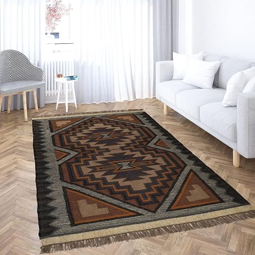 Sanwariya Rugs Handwoven Kilim Area Rug Geometric Pattern Wool Jute Blend Indoor