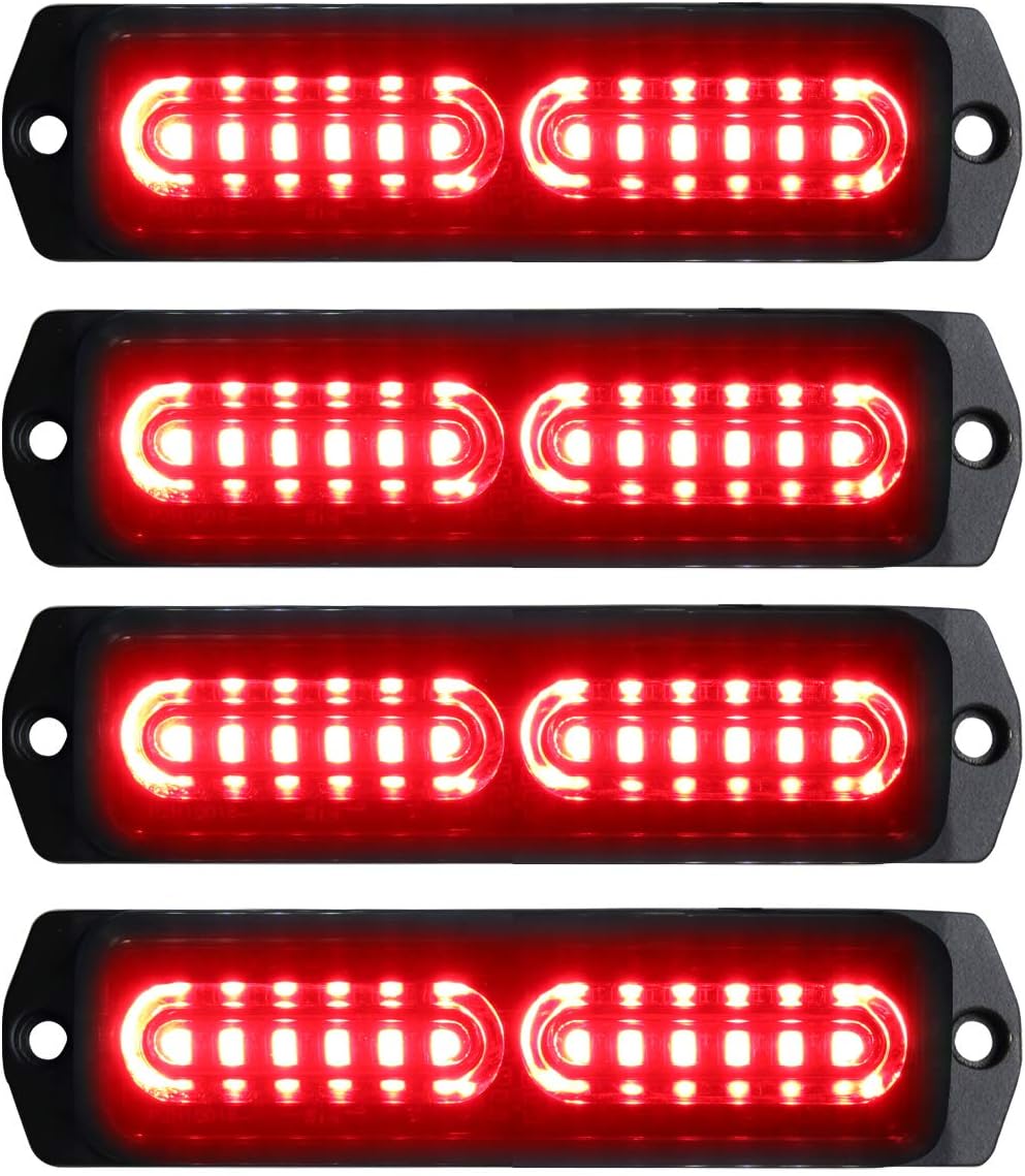 ASPL 4pcs Sync Feature 12-LED Surface Mount Flashing Strobe Lights for Truck Car Vehicle LED Mini Grille Light Head Emergency Beacon Hazard Warning lights (Red)