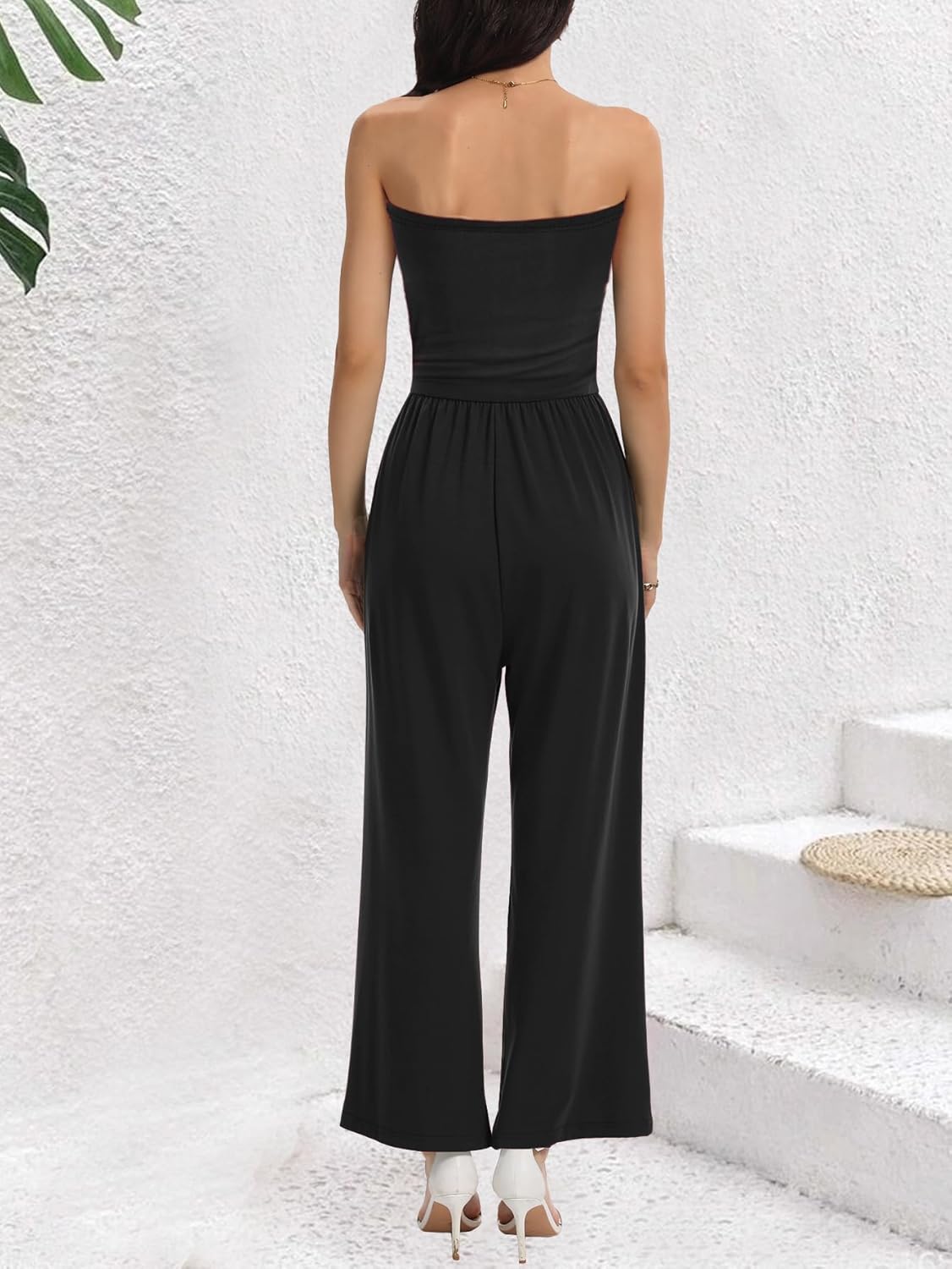 Women’s Tube Top Jumpsuits Strapless Belted Wide Leg Bustier Jumpsuit Backless Baggy Long Pants Rompers with Pockets - Image 5
