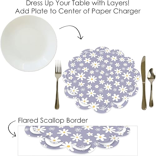 Miniatura 7 de Big Dot of Happiness Flores de margaritas moradas  Decoración de mesa redonda floral para fiesta  Cargadores de papel  Ajuste de lugar para 12