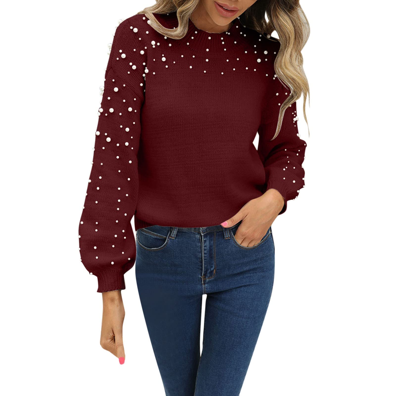 Heevina Sweaters for Women Knitted Knit Crewneck Pearl Solid Color Puff Bubble Long Sleeve Base Cozy Jumpers Top