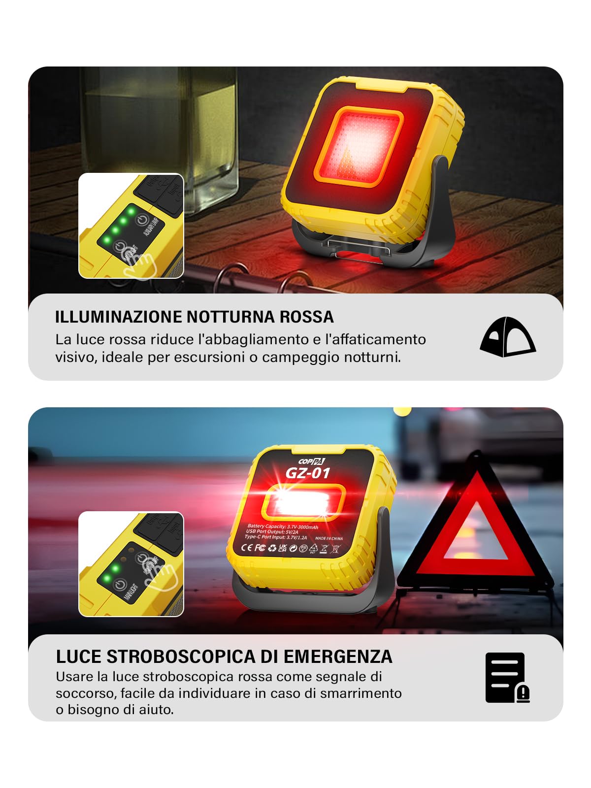 COPPA Luci da Lavoro, GZ01 Portatile Luce Ispezione 3000mAh Ricaricabile Doppia Sorgente Luminosa con Stroboscopica Luce 360° Rotazione Magnetica LED Lampada Officina per Campeggio Riparazione Garage