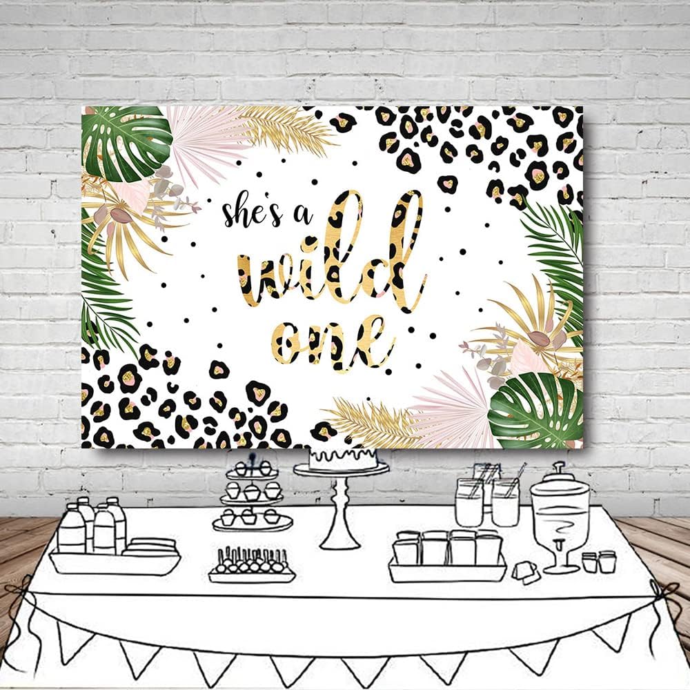 MEHOFOND 8x6ft She is a Wild One Leopard Photo Backdrop Banner for Girls 1st Birthday Jungle Safari Rainforest Palm Leaves Photography Background Bday Party Decor Photoshoot Studio Props image 4