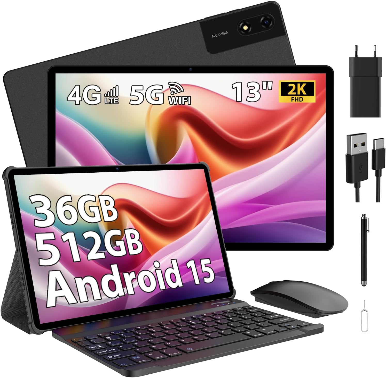 Android 15 13" Tablet with SIM Slot, 4G LTE and 5G WiFi, 36GB RAM + 512GB ROM/2944*1840 FHD/11580mAh/20W/Face ID/GPS/BT 5.0/TÜV/USB-C, Tablets with Keyboard, Mouse