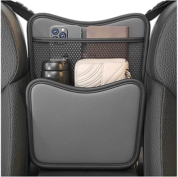Car Purse Holder Between Seats, Nappa Leather Front Seat Storage Bag with Tissue Holder, Large Capacity Automotive Console Organizer for Document Phone Wallet, Car Accessories Gray