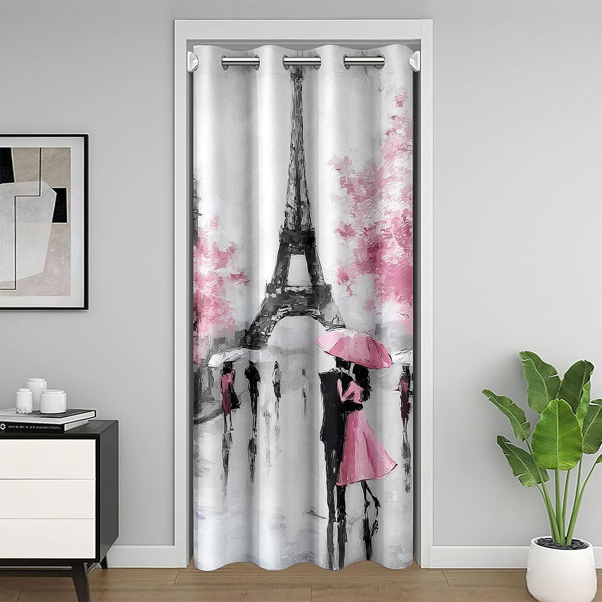 Paris Door Curtain, French Eiffel Tower Blackout, Paris Themed Cherry Blossoms Doorway, Couple Retro Gray Building Pink Grey Closet for Living Room, 1 Panel, 52"W X 80"L