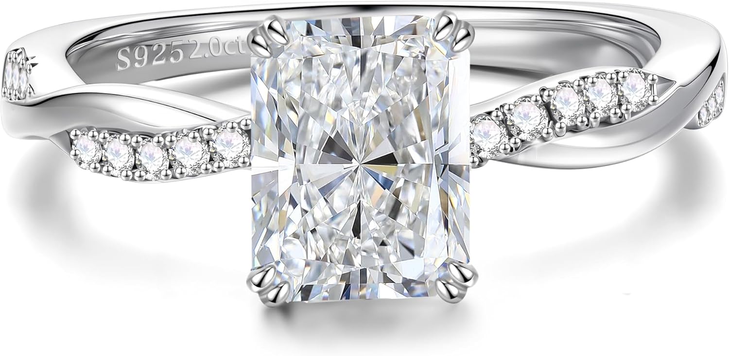 MOOSEA Radiant Cut Moissanite Engagement Rings for Women, 14K White Gold Plated 925 Sterling Silver Wedding Band, Moissanite Rings for Women Anniversary Ring Jewelry Gifts