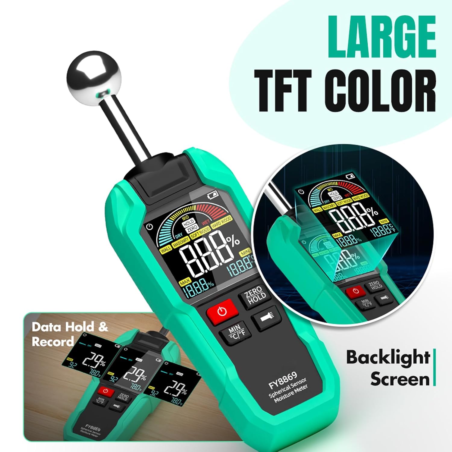 Pinless Meter with Spherical Non-Destructive Tester Flashlight Auto Calibration Temp Measurement for Wood Drywall Floors Firewood Home Construction Use