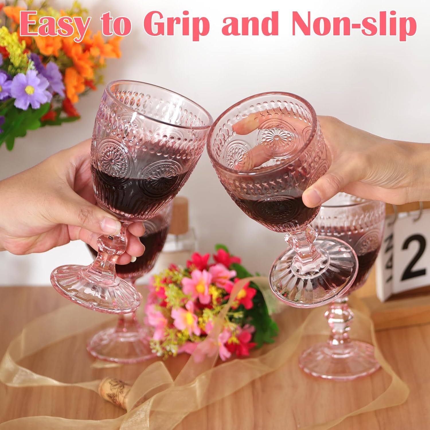 Valentine's Day Pink Glass Goblets Wine Glassware, 10 oz Vintage Wine Glasses Set of 12, Romantic Wedding Glass Set, Embossed Drinking Stemware Beverage Cups for Wedding Party Bar - Image 5