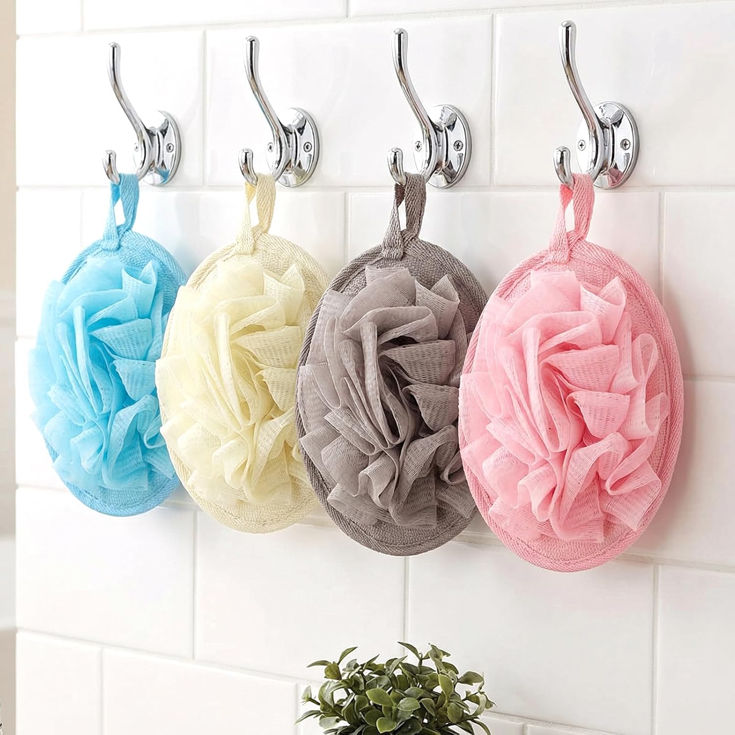 4 Pcs Travel Size Loofah Shower Puff Exfoliating Bath Sponges with Elastic Hand Strap for Body and Sensitive Skin Body Face Deeply Clean