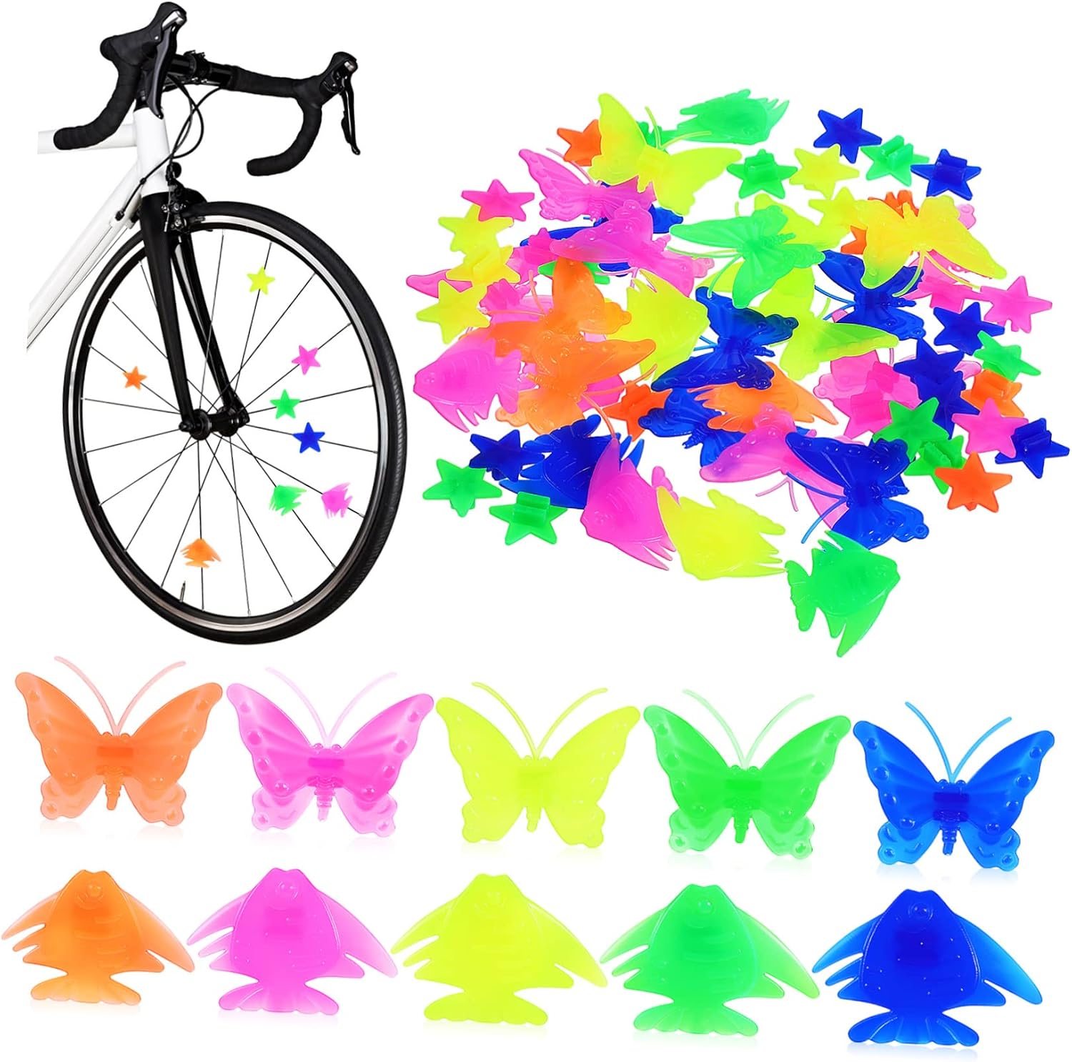 Yardwe 62Pcs Kids Bike Spoke Beads - Assorted Color Plastic Clip Decorations with Star, Butterfly, and Fish Shapes for Bicycle Wheel Accessories