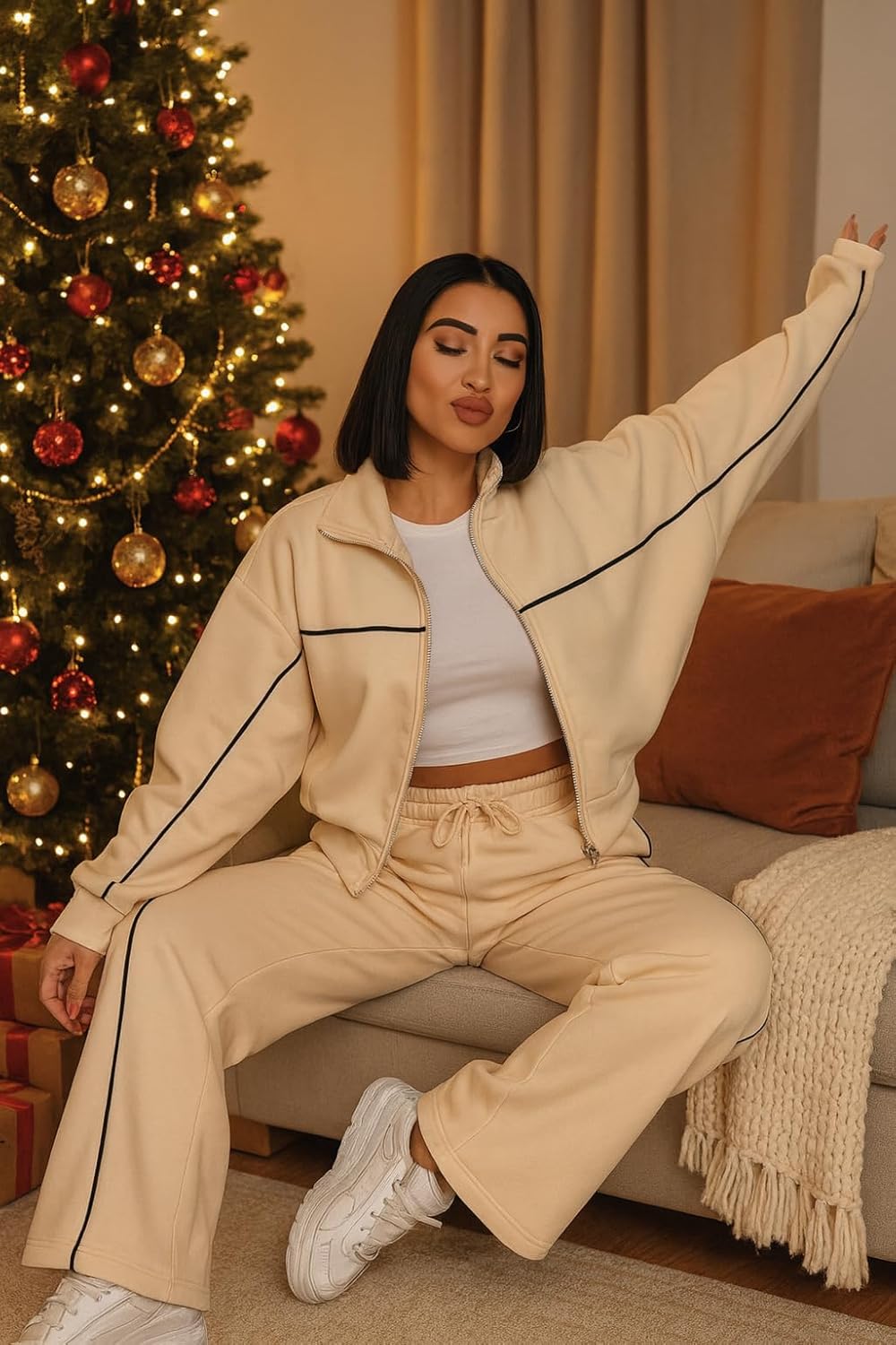 Women’s Two Piece Tracksuit Set – Zip Up Jacket & Wide Leg Pants, Lounge Sets for Women, Matching Sweatsuit, Casual Athletic 2 Piece Outfit (Medium Cream) - Image 4