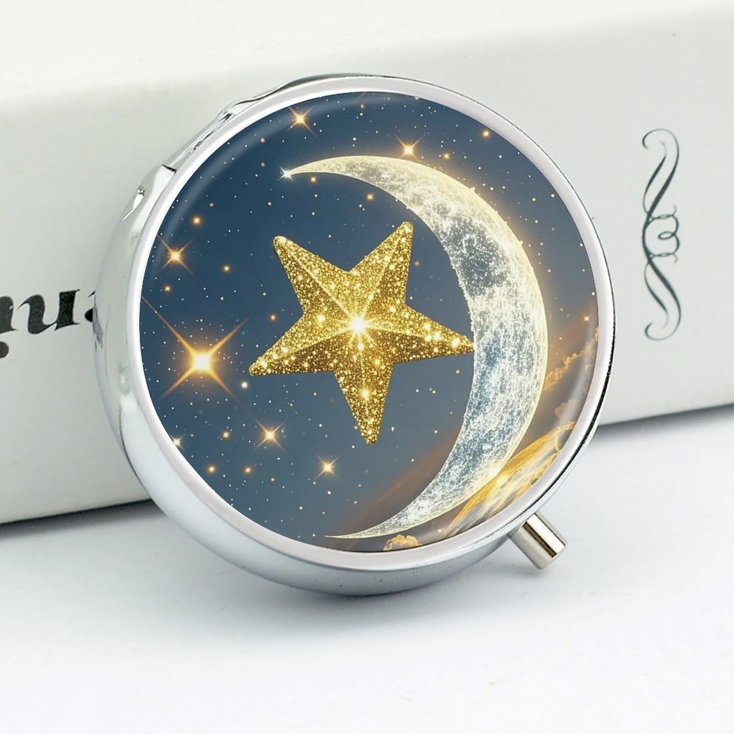 Golden Stars and Moon Round Pill Box, Waterproof Medicine Organizer Box image 4
