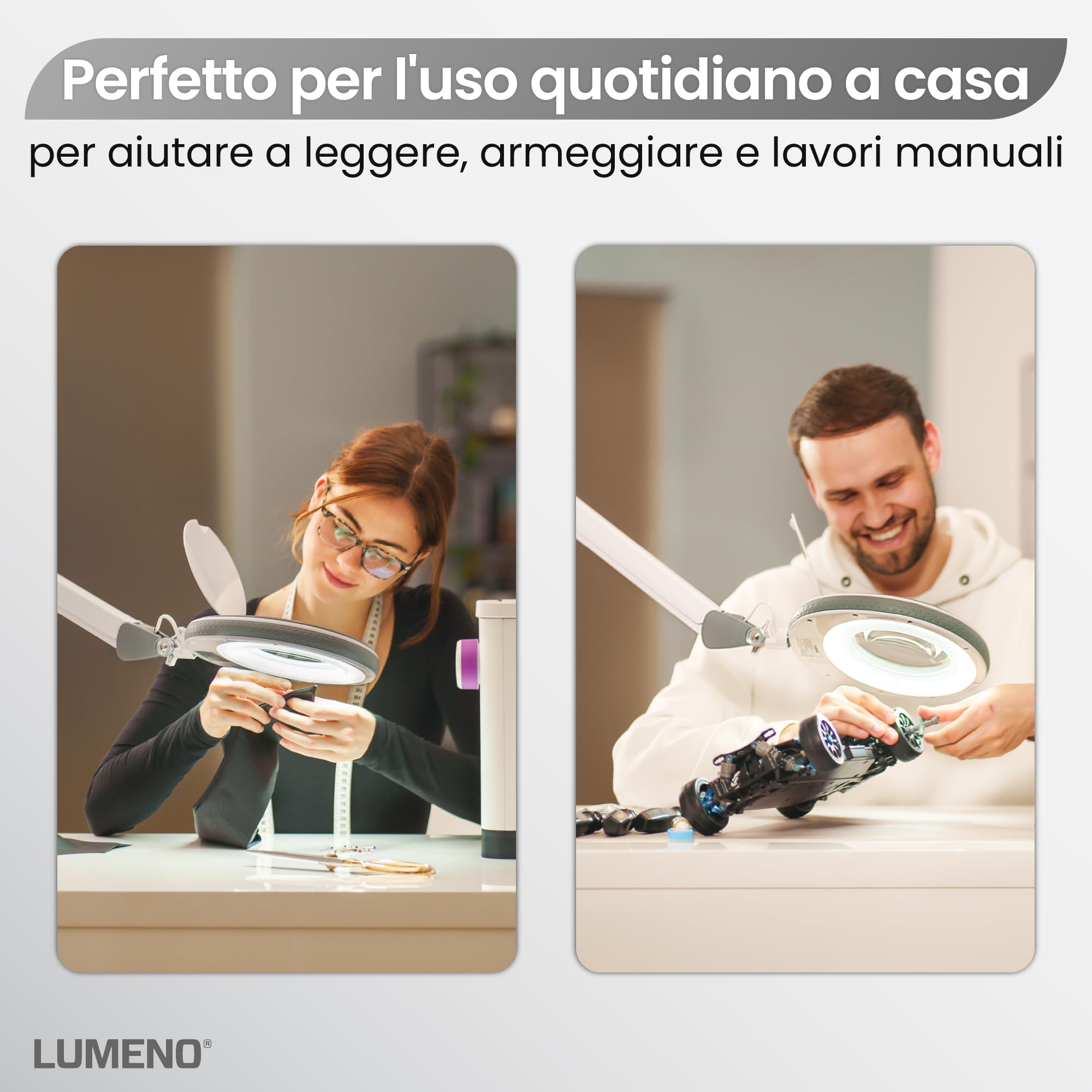 Lumeno 8215GR Lampada d'ingrandimento a LED Lampada da lavoro e estetista, livelli di luminosità regolabili, lente in vetro cristallino da 127 mm, ausilio alla lettura/ingranditore, 5 diottrie