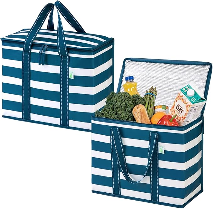 VENO 2 Pack Cooler Bag and Insulated Grocery Bags for Food Delivery, Collapsible Cooler. Reusable Shopping Bags for Groceries with Hard Bottom, Zippered, Foldable, Heavy-Duty (Light Blue, 2 Pack)