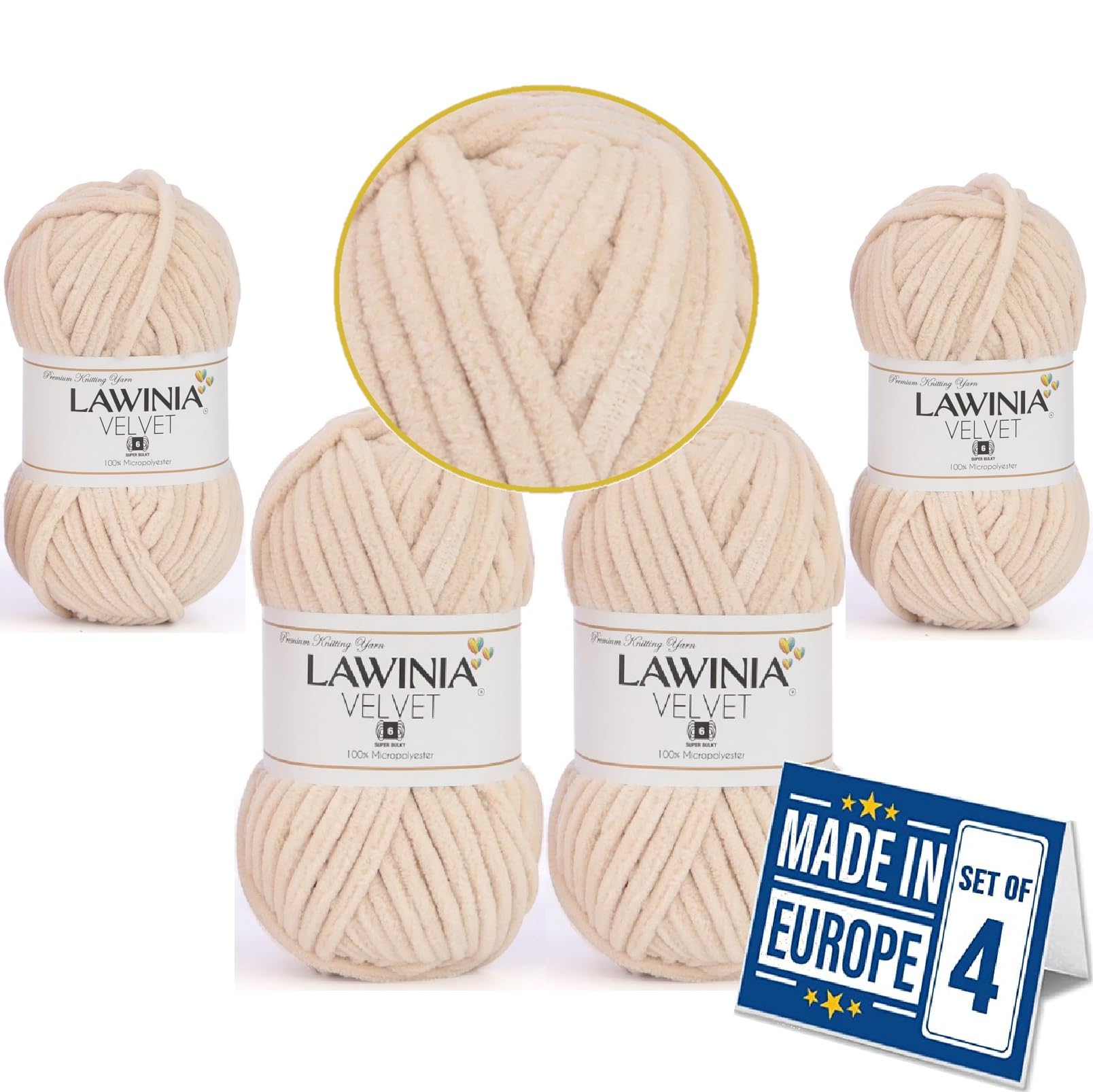 LAWINIA -Velvet Premium Soft Chenille Yarn Chunky, Velvet Yarn Crochet, Does NOT SHED, Plush Blanket Wool for Crochet, Thick Chunky Wool for Knitting, Pack of 4